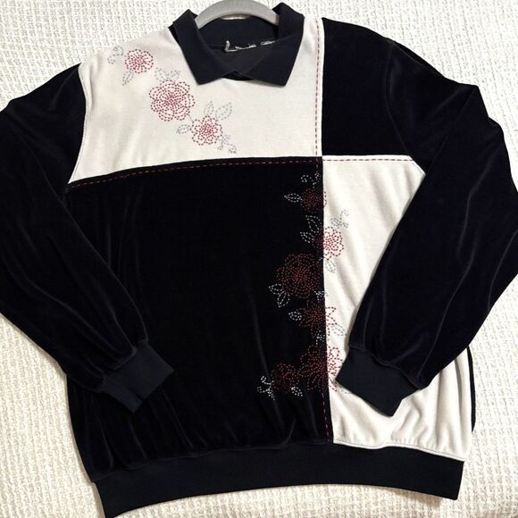 None Sweaters - Vintage Velour Floral Embroidered Polo Sweatshirt Retro Cottagecore GrandmaCore